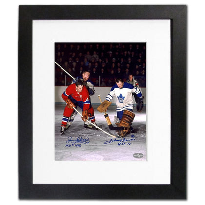 Jean Beliveau vs Johnny Bower Dual Autographed 19x22 framed display showcases action imagery and authentic signatures of both legends.