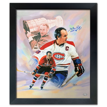21x25 framed canvas featuring Henri Richard’s autograph with Montreal Canadiens imagery, includes COA—classic hockey memorabilia.