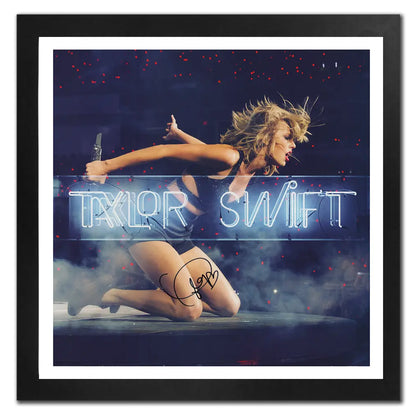 Taylor Swift performs on stage, while a framed 22x22 memorabilia piece—1989 LIVE NEON autographed by her—stands prominently in front.