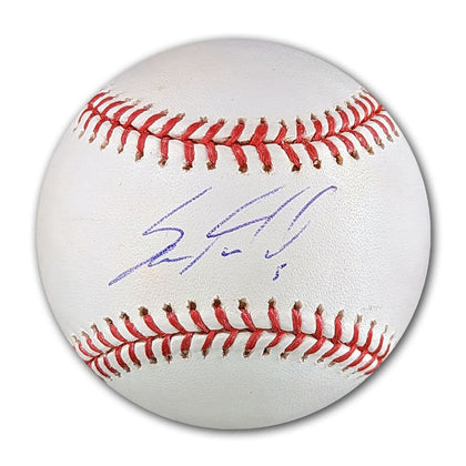 Sam Fuld autographed official MLB baseball, featuring red stitching and a clear signature, displayed against a white background.