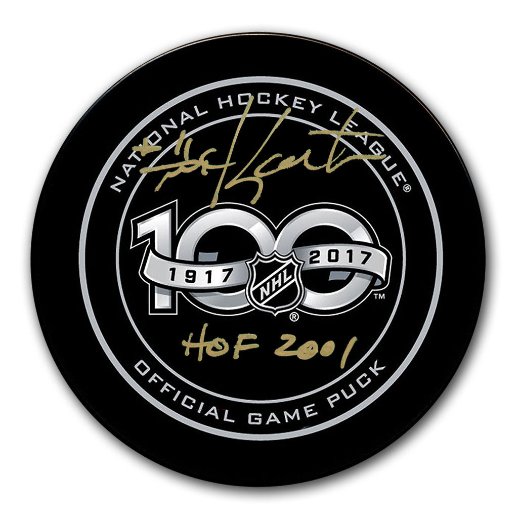Mike Gartner autographed NHL 100th Anniversary official game puck with HOF 2001 inscription in gold marker