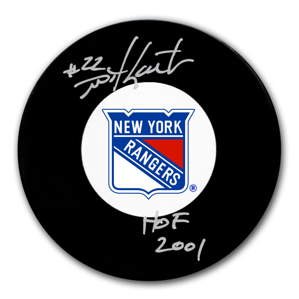 Mike Gartner autographed New York Rangers hockey puck with HOF 2001 inscription