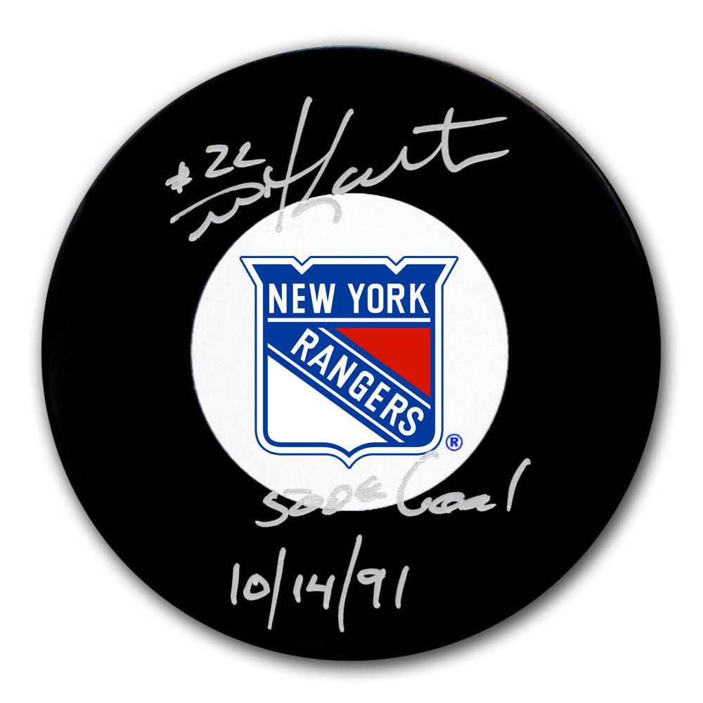 Mike Gartner autographed New York Rangers hockey puck with 500th Goal and October 14 1991 inscriptions