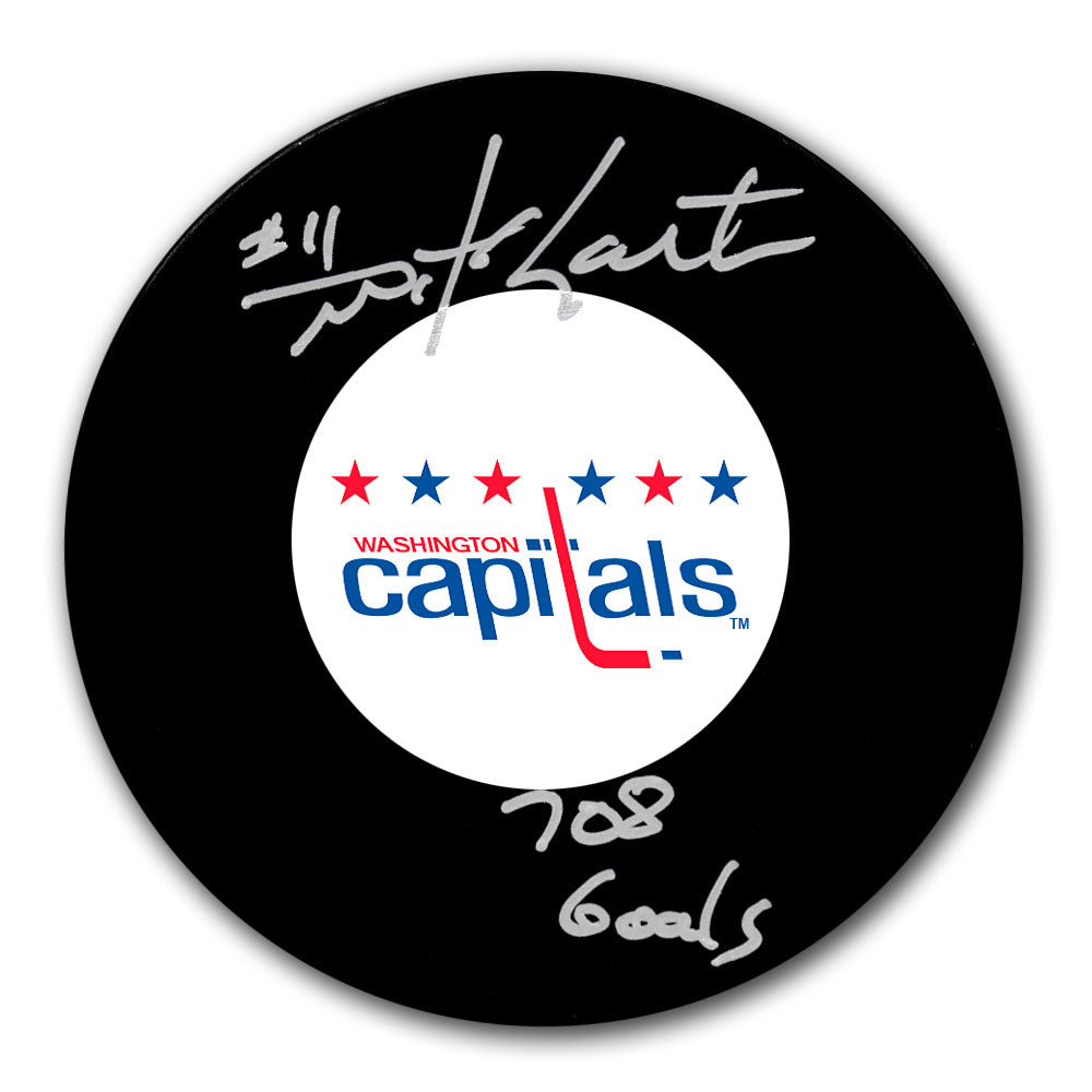 Mike Gartner autographed Washington Capitals hockey puck with 708 Goals career milestone inscription