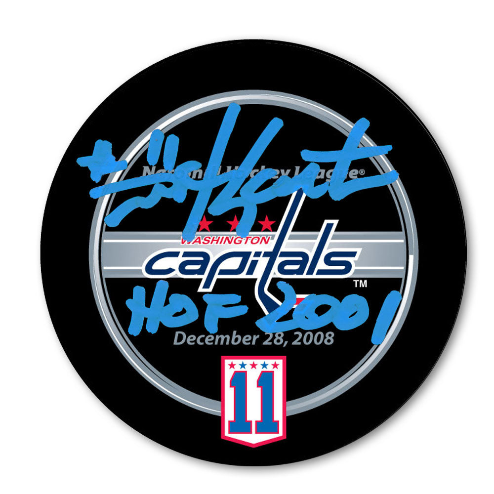 Mike Gartner autographed Washington Capitals number 11 jersey retirement hockey puck with HOF 2001 inscription