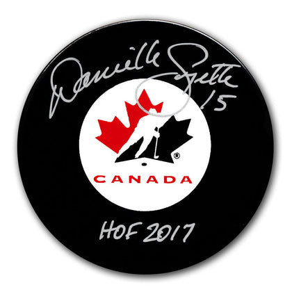 Danielle Goyette Team Canada autographed hockey puck inscribed 15 & HOF 2017, with Certificate of Authenticity included.