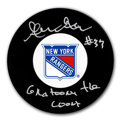 Gilles Gratton New York Rangers Gratoony The Loony black puck, autographed in silver, features team logo and signature.
