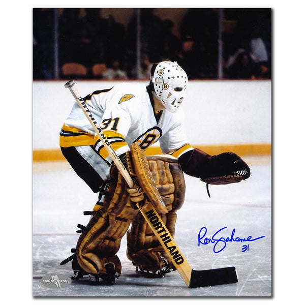 Ron Grahame autographed Boston Bruins 8x10 hockey photo in white jersey during game action