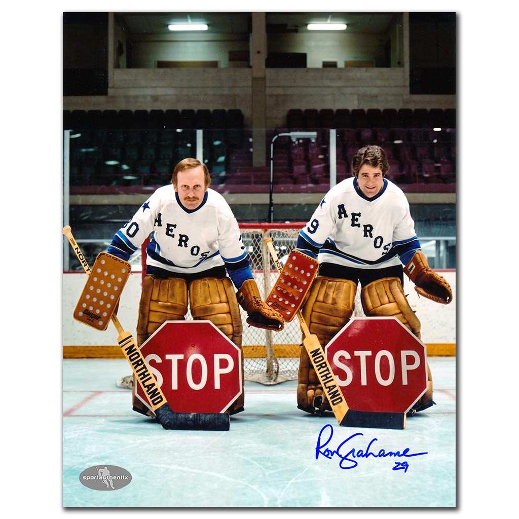 Ron Grahame autographed Houston Aeros 8x10 hockey photo in white jersey with classic Aeros goalie tandem pose