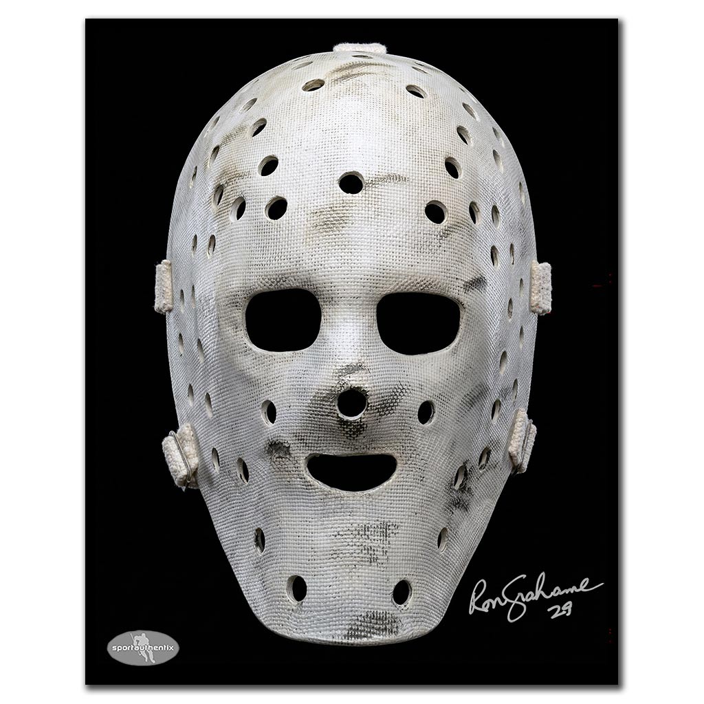 Ron Grahame autographed Houston Aeros 8x10 hockey photo featuring a close-up of his vintage white goalie mask