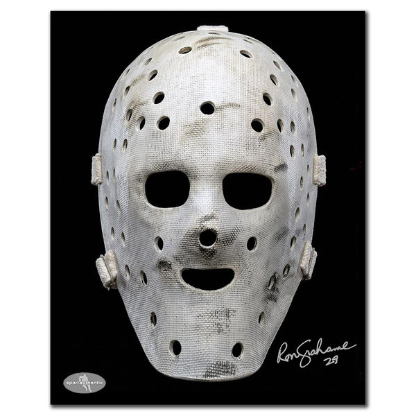 Ron Grahame autographed Houston Aeros 8x10 hockey photo featuring a close-up of his vintage white goalie mask
