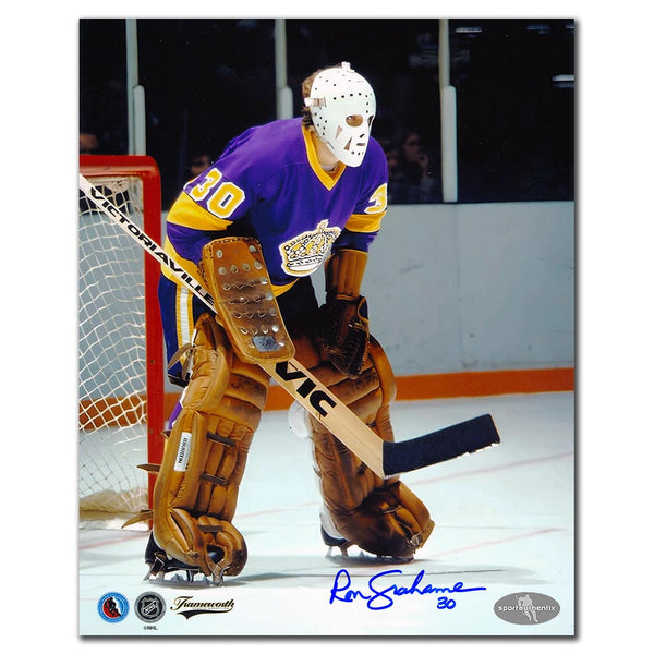 Ron Grahame autographed Los Angeles Kings 8x10 photo in purple jersey playing goalie in net
