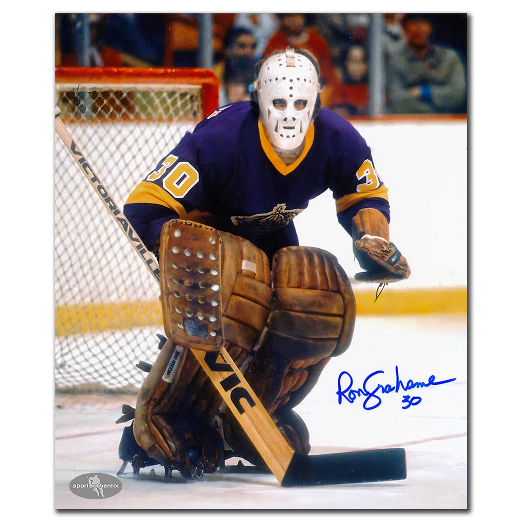 Ron Grahame autographed Los Angeles Kings 8x10 hockey photo in purple jersey in a classic goalie stance in front of the net