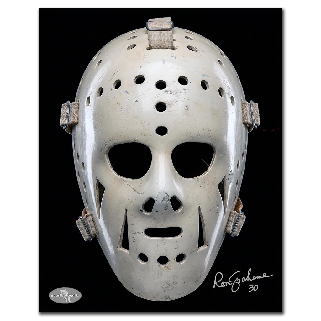 Ron Grahame autographed Los Angeles Kings 8x10 hockey photo featuring a vintage white goalie mask on a black background