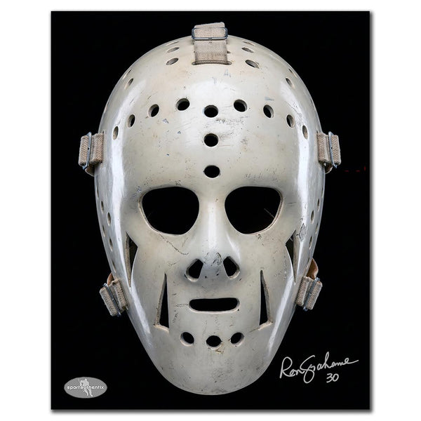 Ron Grahame autographed Los Angeles Kings 8x10 hockey photo featuring a vintage white goalie mask on a black background