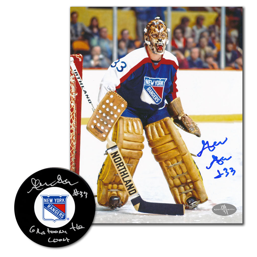 Gilles Gratton autographed New York Rangers hockey puck and 8x10 photo combo with Gratoony The Loony inscription