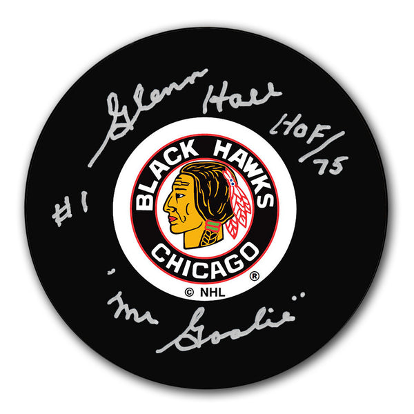 Glenn Hall autographed Chicago Blackhawks hockey puck with HOF 75 and Mr. Goalie inscriptions