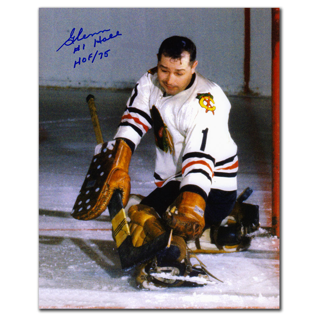 Glenn Hall Chicago Blackhawks PAD SAVE Autographié 8x10
