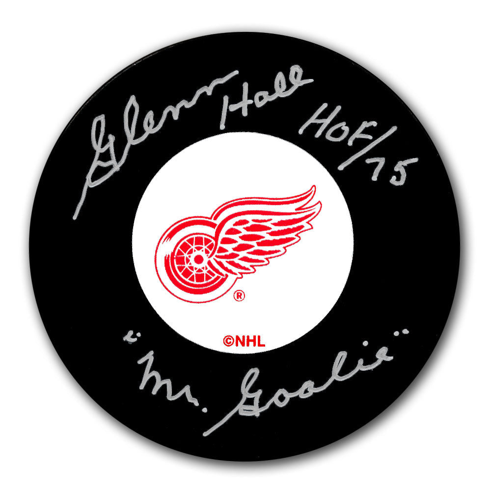Glenn Hall Detroit Red Wings HOF M. Gardien de but Rondelle autographiée