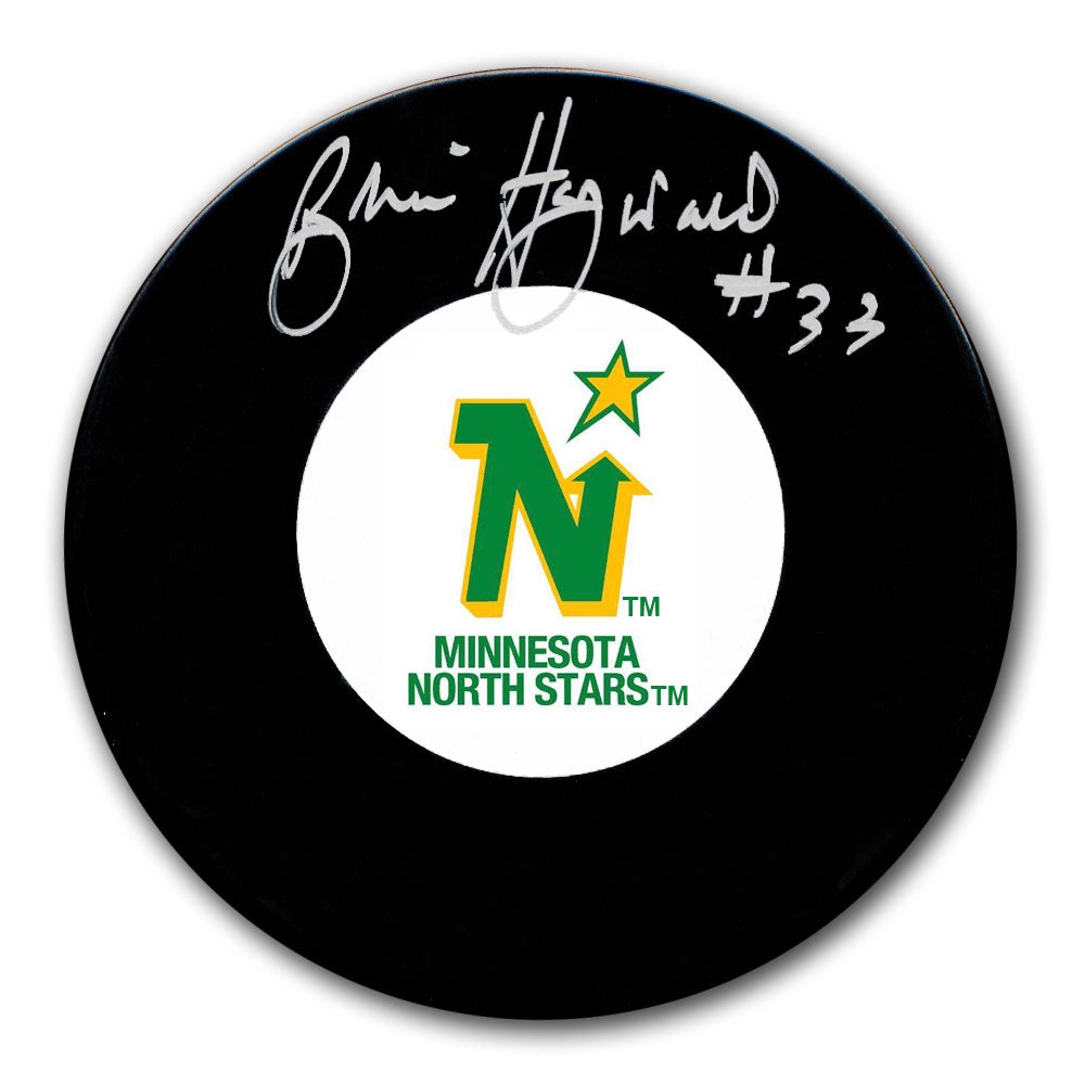 Brian Hayward autographed Minnesota North Stars hockey puck with silver signature and number 33