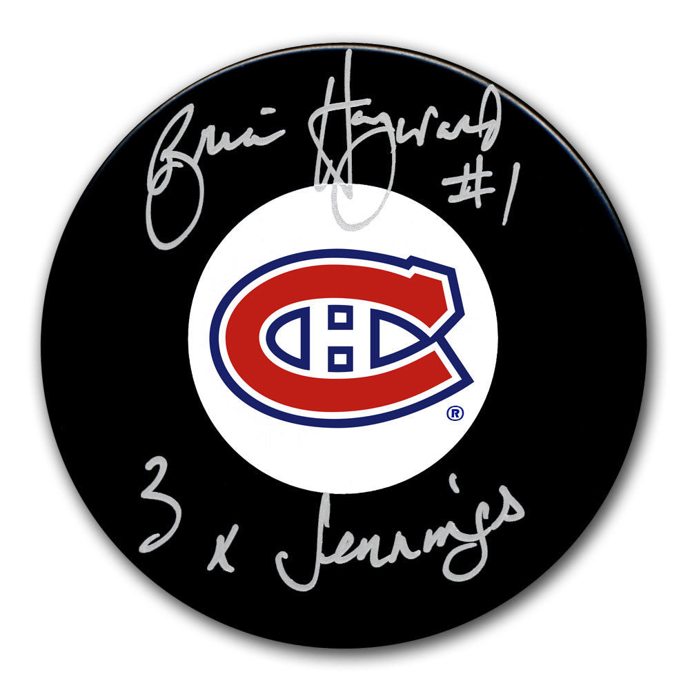 Brian Hayward autographed Montreal Canadiens hockey puck with 3x Jennings inscription
