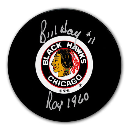 Bill Hay autographed Chicago Blackhawks puck, 1960 ROY inscription—premium signed memorabilia piece.