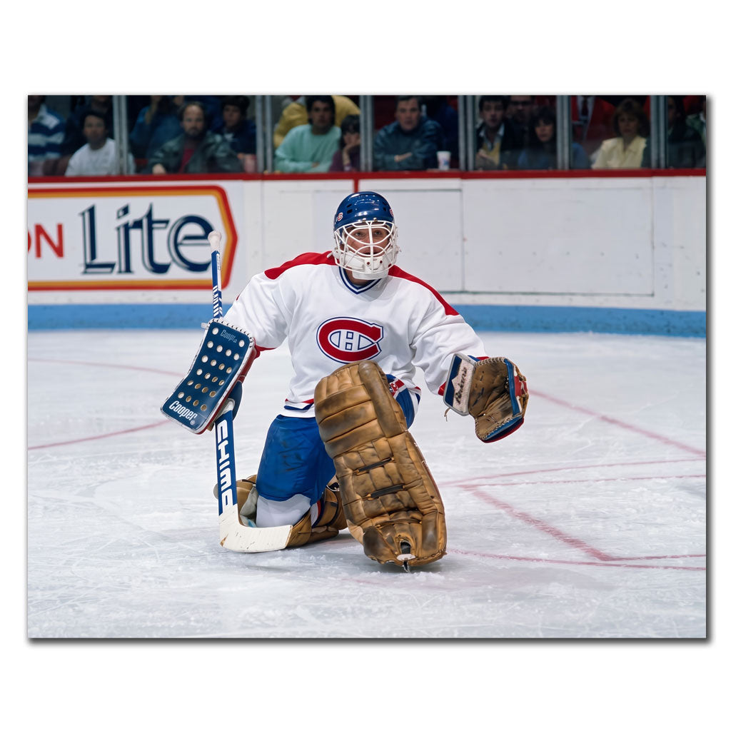 Brian Hayward autographed Montreal Canadiens 8x10 photo pre-order #2 showing him in a white jersey goalie stance.