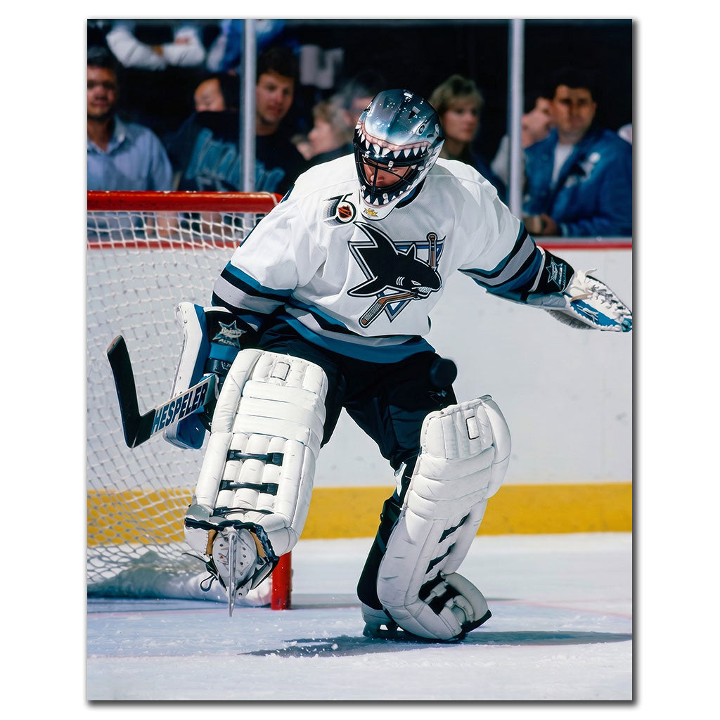 Brian Hayward autographed San Jose Sharks 8x10 photo pre-order #2 showing him in a white jersey goalie action pose.
