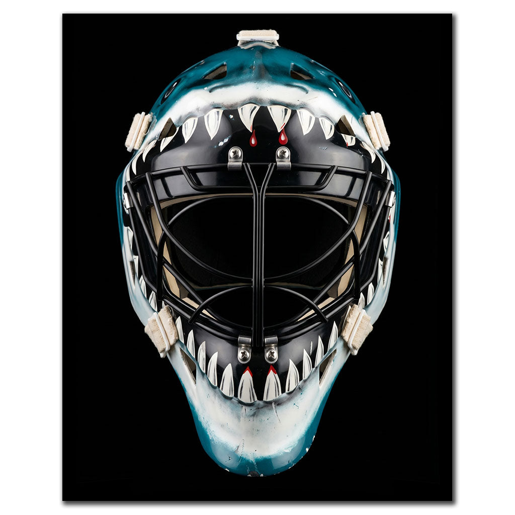 Brian Hayward autographed San Jose Sharks 8x10 photo pre-order #3 featuring a close-up of his goalie mask.