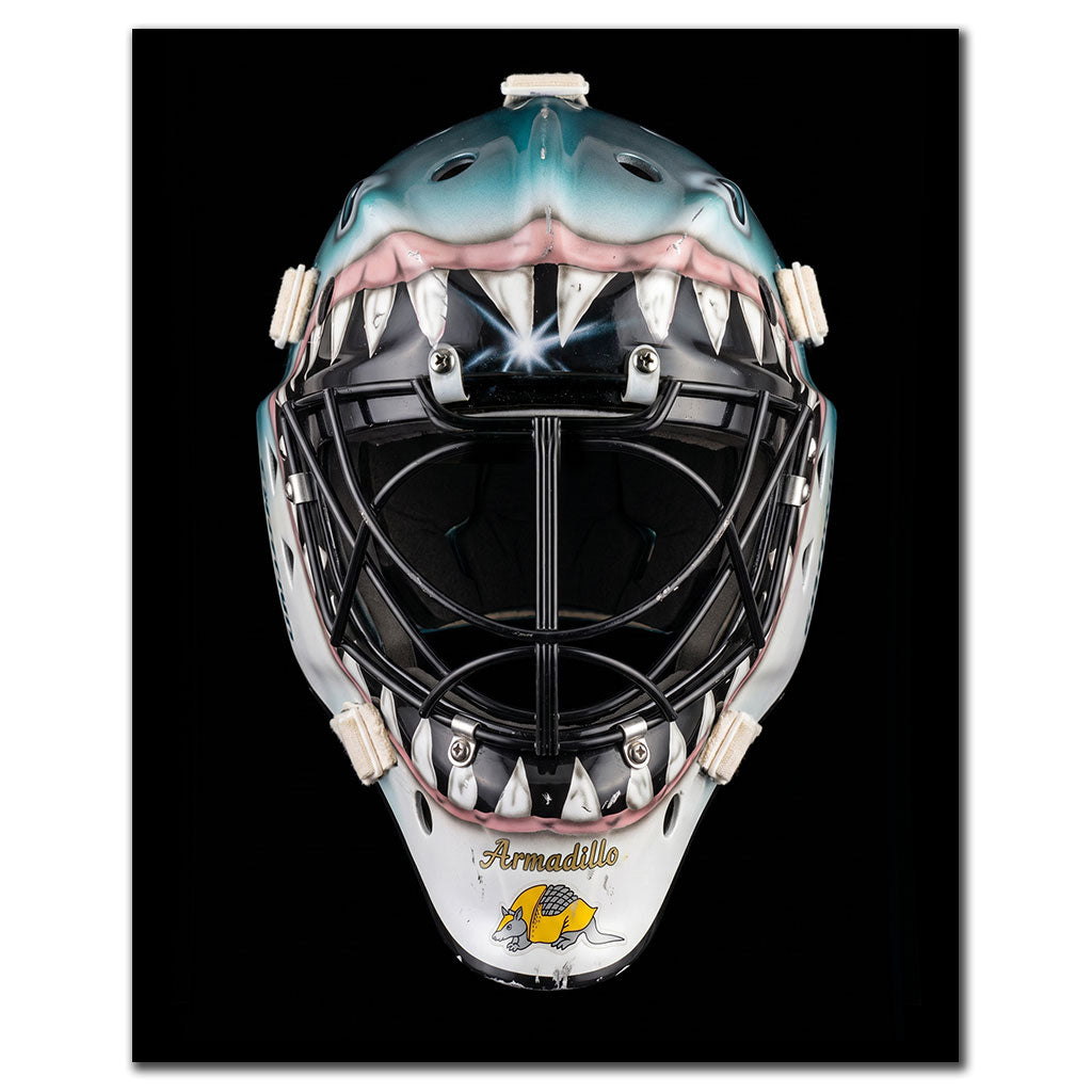 Brian Hayward autographed San Jose Sharks 8x10 photo pre-order #4 featuring a close-up of his goalie mask.