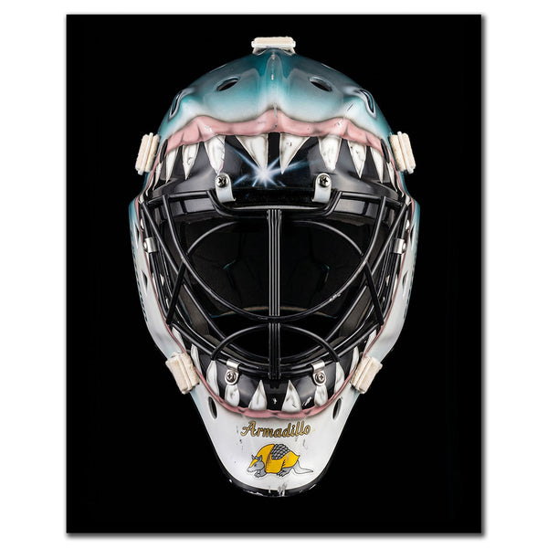 Brian Hayward autographed San Jose Sharks 8x10 photo pre-order #4 featuring a close-up of his goalie mask.