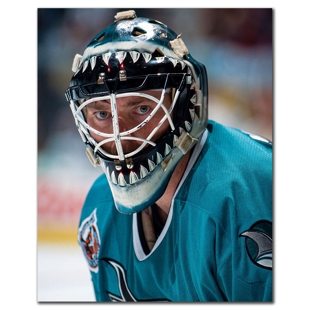 Brian Hayward autographed San Jose Sharks 8x10 photo pre-order #5 showing a close-up of him in a teal jersey and goalie mask.