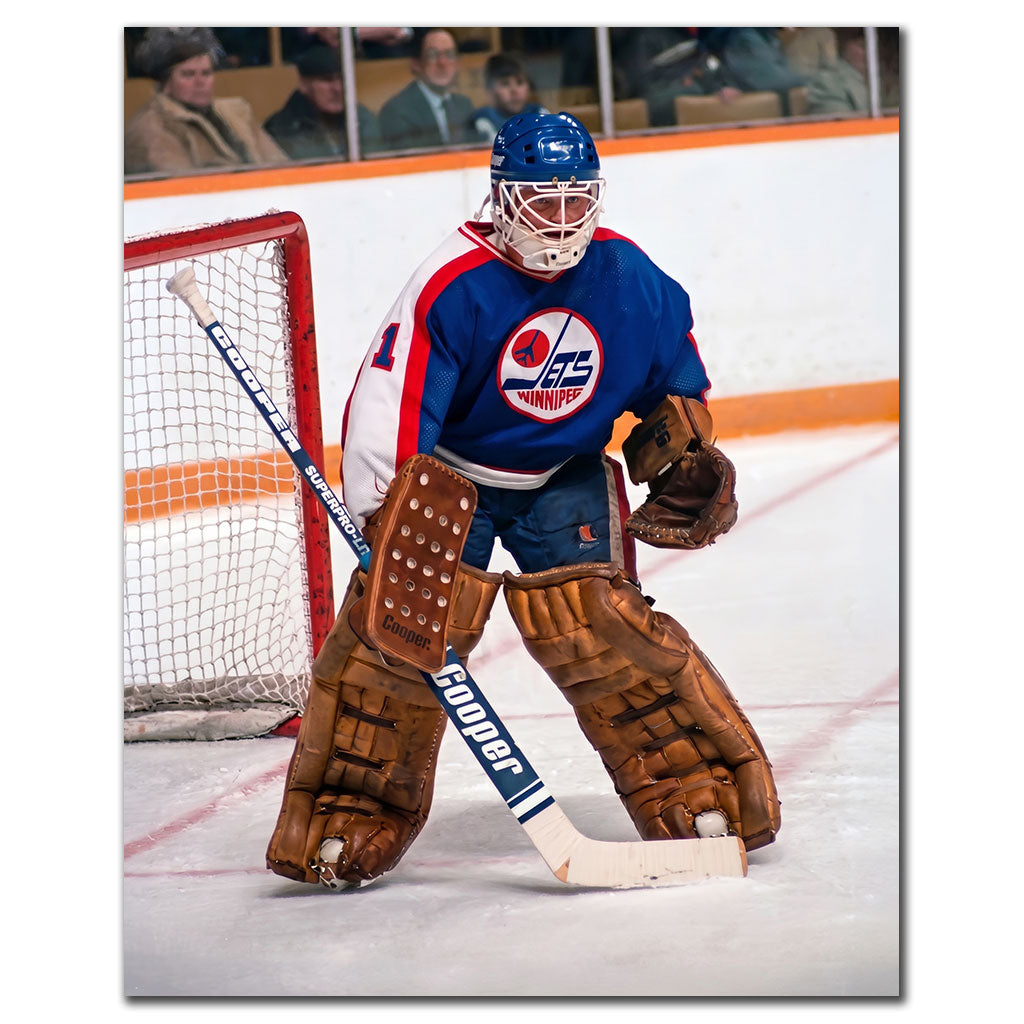 Brian Hayward autographed Winnipeg Jets 8x10 photo pre-order #1 showing him in a blue jersey goalie stance.
