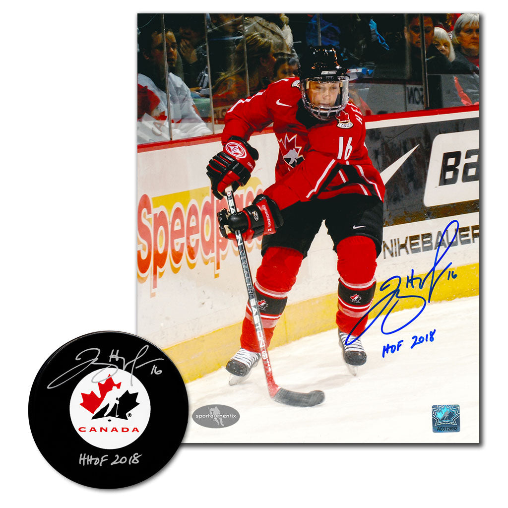 Jayna Hefford autographed Team Canada hockey puck and 8x10 photo combo with HHOF 2018 inscription