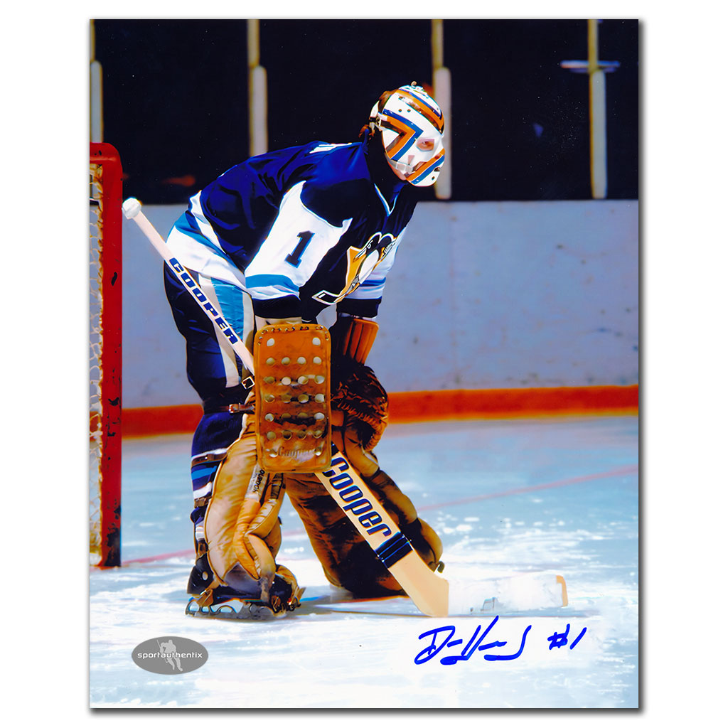 Denis Herron Pittsburgh Penguins DARK BLUE JERSEY Autographed 8x10
