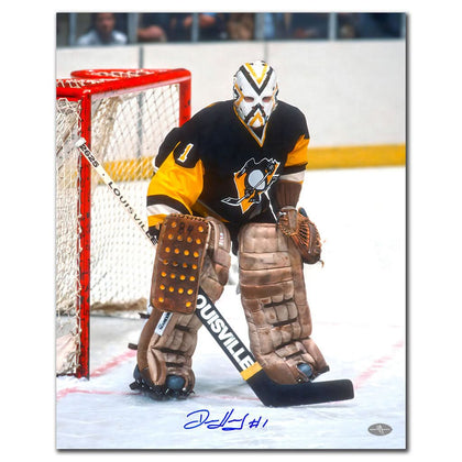 Denis Herron Pittsburgh Penguins signed 16x20 photo, personally autographed, showing him in vintage pads near the net.