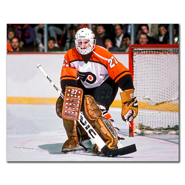 Ron Hextall Philadelphia Flyers 8x10 hockey photo in an orange goalie uniform standing in the crease for autograph pre-order