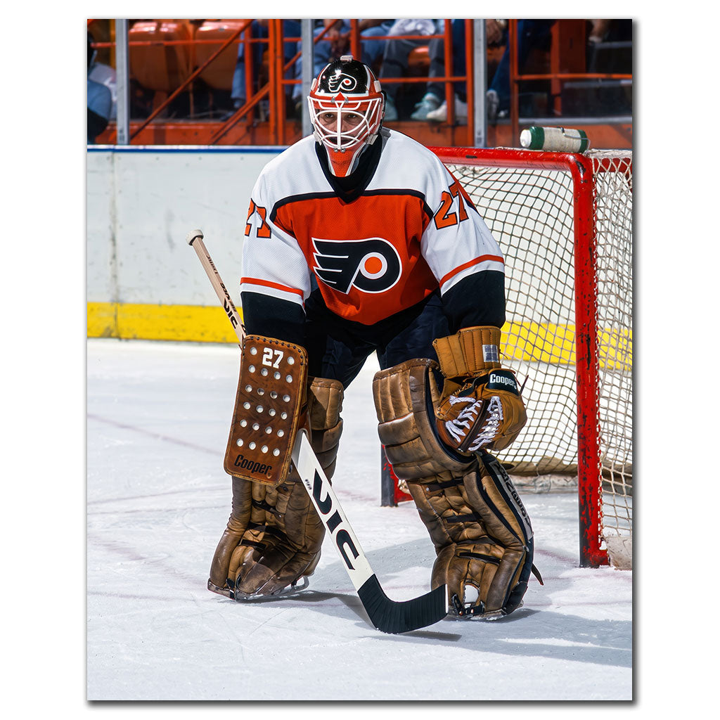 Ron Hextall Philadelphia Flyers 8x10 hockey photo in a white goalie uniform standing in front of the net for autograph pre-order