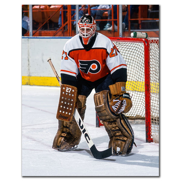 Ron Hextall Philadelphia Flyers 8x10 hockey photo in a white goalie uniform standing in front of the net for autograph pre-order