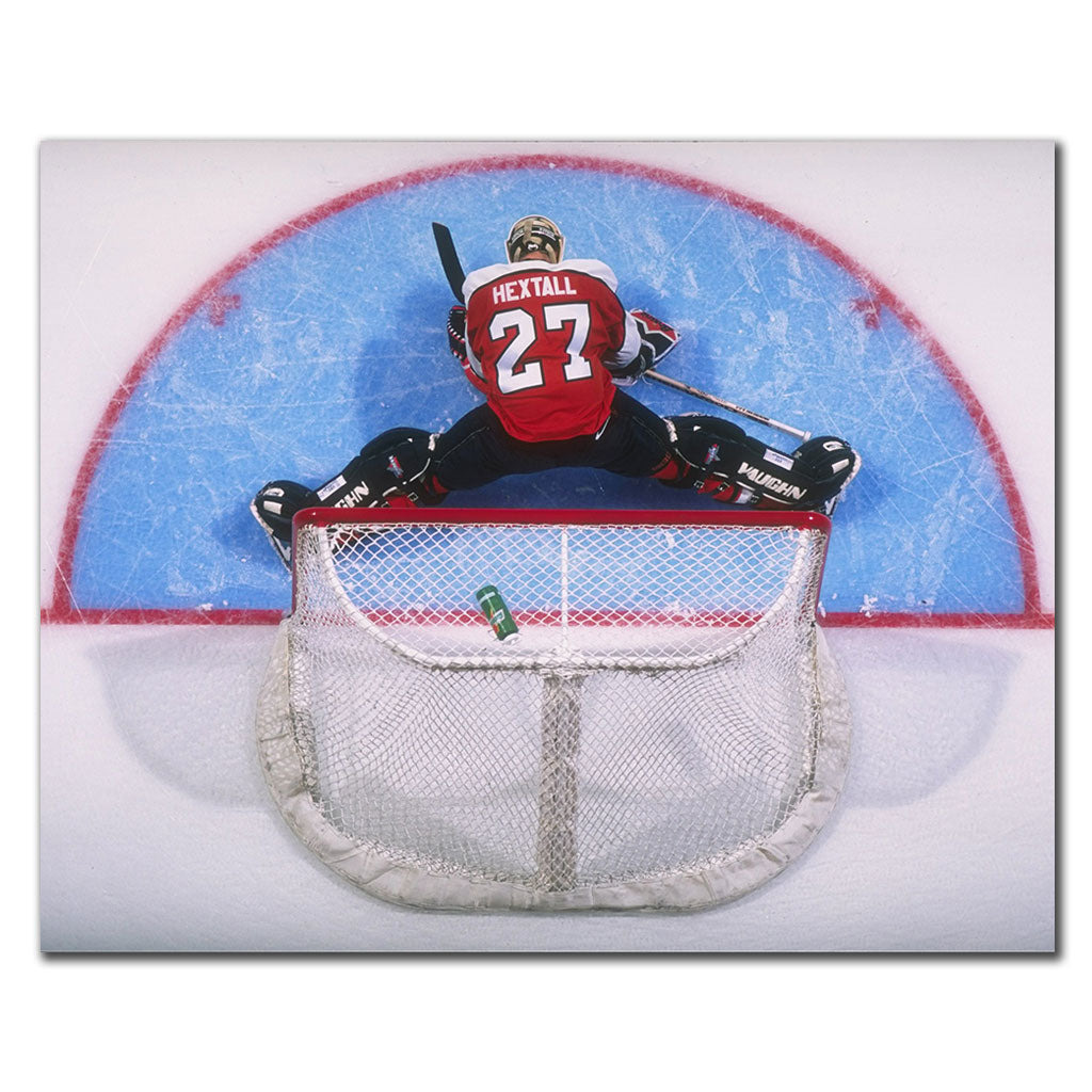 Overhead Ron Hextall Philadelphia Flyers 8x10 hockey photo positioned in the goal crease for autograph pre-order