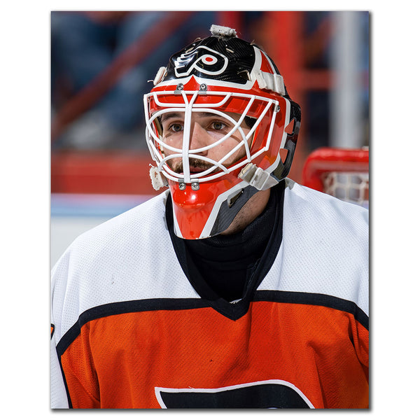 Close-up Ron Hextall Philadelphia Flyers 8x10 hockey photo wearing his goalie mask and white and orange uniform for autograph pre-order