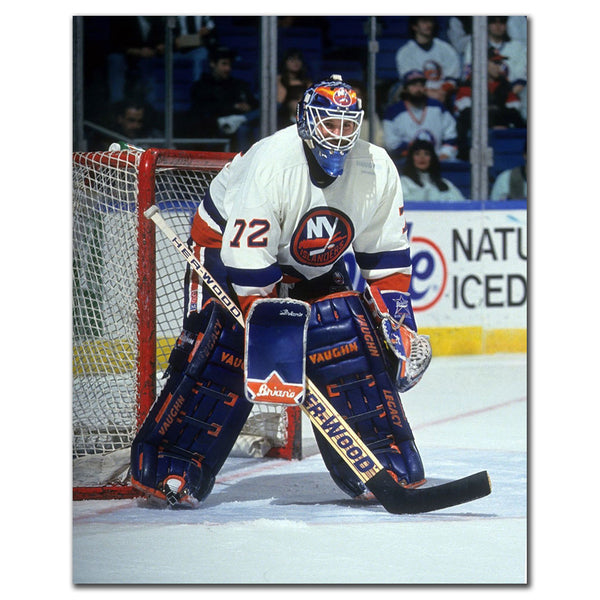 Ron Hextall New York Islanders 8x10 hockey photo in a white goalie uniform standing in the crease for autograph pre-order