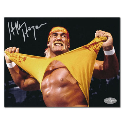 Hulk Hogan WWE Wrestling HULKSTER autographed 8x10 photo, inscribed and signed, showing classic shirt-ripping action in-ring.