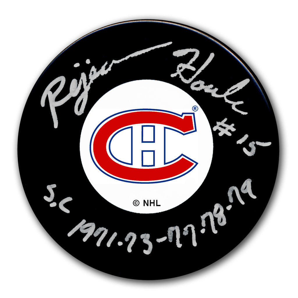 Rejean Houle autographed Montreal Canadiens hockey puck with 5x Stanley Cup inscription
