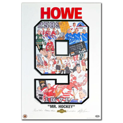 Howe Family Number 9 Autographed 18x27 art lithograph—signed print visibly featuring MR. HOCKEY and career highlights.