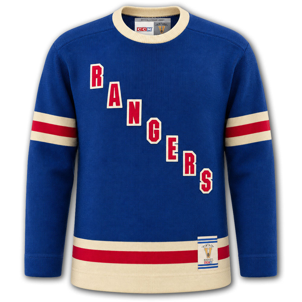 Harry Howell autographed New York Rangers CCM wool jersey front with blue vintage styling and diagonal Rangers lettering detailing