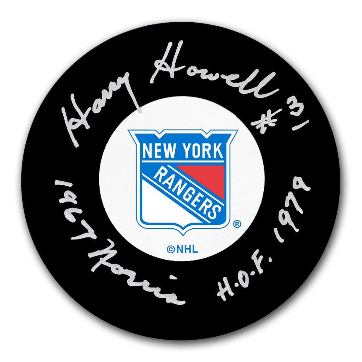 Authentic Harry Howell New York Rangers HOF 1979 Norris Autographed Puck - SportAuthentix