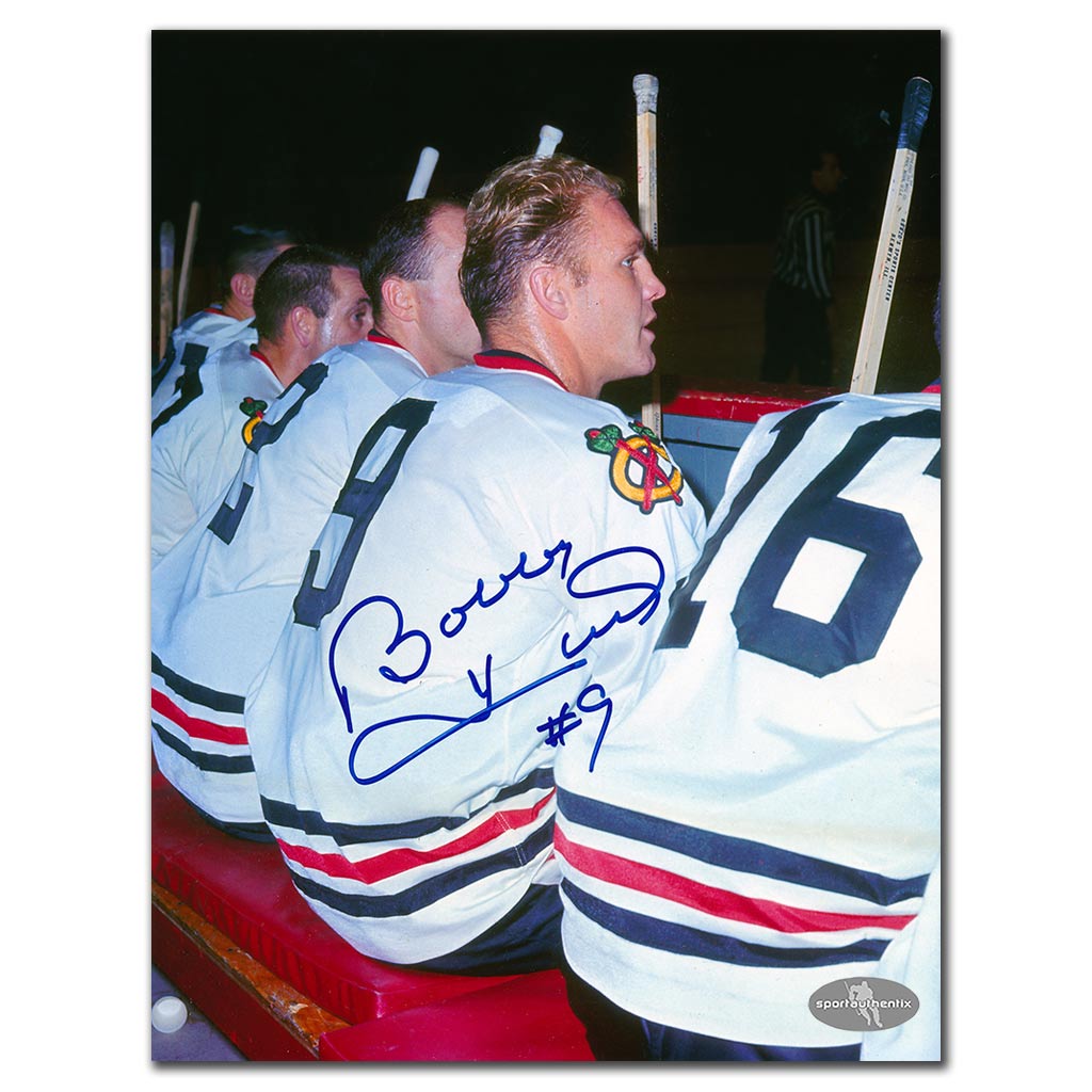 Bobby Hull autographed Chicago Blackhawks 8x10 photo seated on the bench