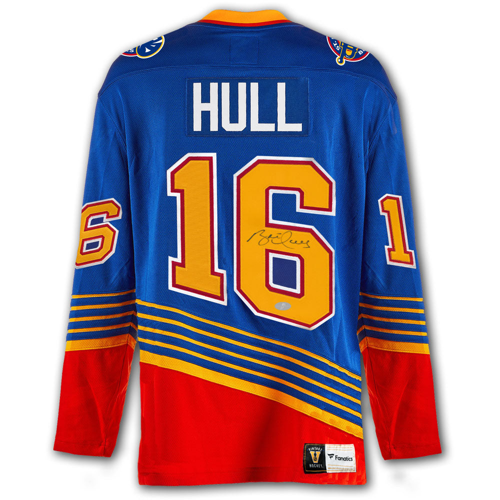Brett Hull autographed St. Louis Blues Fanatics Vintage Hockey jersey back with Hull nameplate, number 16, autograph and SportAuthentix hologram