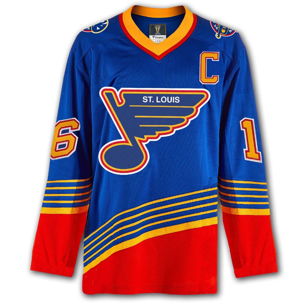 Brett Hull autographed St. Louis Blues Fanatics Vintage Hockey jersey front with blue vintage styling, captain C, Blues crest and number 16 on the sleeves